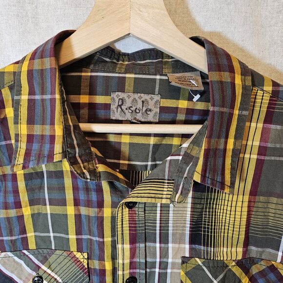 R. Sole Mens 2XL Mixed Print Plaid Yellow Green Blue Long Sleeve Streetwear - Picture 2 of 9